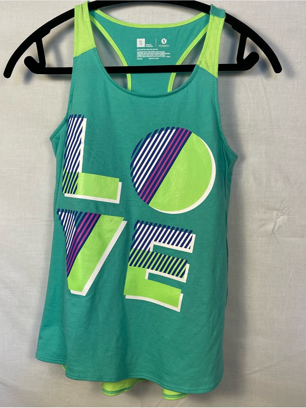 Xersion Teal & Lime Graphic Muscle Tank with Pink Stripe Accents